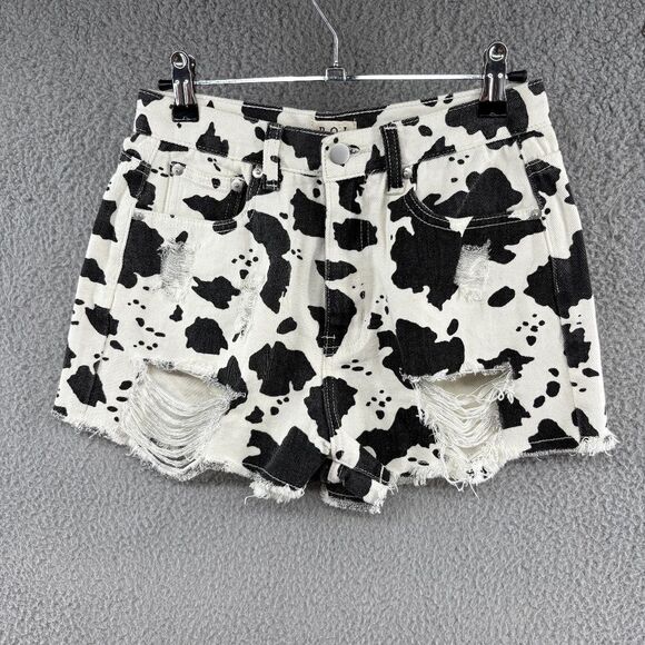 POL Cow Print Distressed High Rise Denim Shorts Women’s Small - Picture 2 of 11